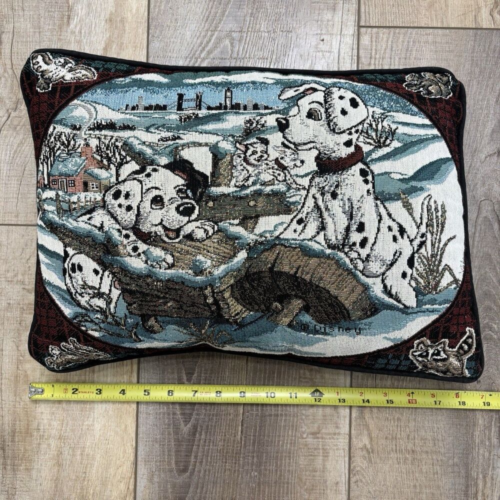 Vtg Disney 101 Dalmatians Puppy Tapestry Throw Pillow Winter Woodland 19” x 14” - Picture 10 of 11